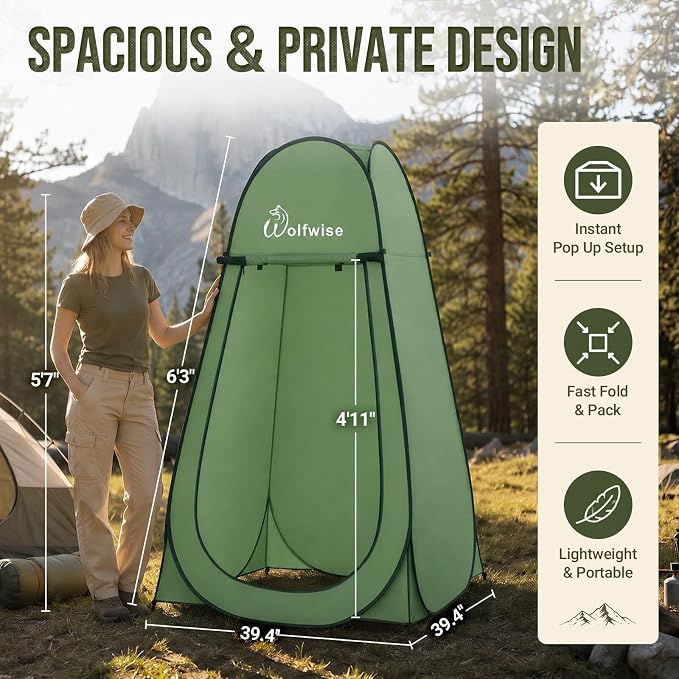 WolfWise Pop Up Shower Tent for Camping Essentials, Compact & Lightweight | Portable Instant Changing Tent with Window & Carry Bag, Privacy Dressing Room Bathroom for Outdoor, 6'3"/6'11" H