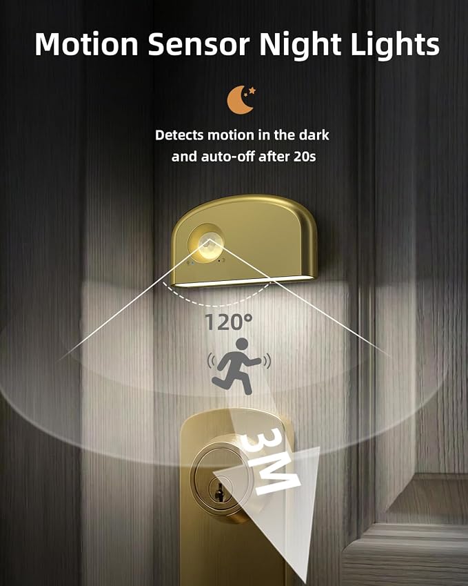 Keyhole Light, Battery Powered Motion Sensor Lights,Door Lock Light Magnetic & Dimmable, PIR Wireless Motion Detector 6500K Soft White,Portable Nightlight for Hallway,Appliance,Bathroom (1, Gold)