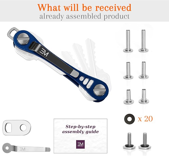 EM Compact Key Holder, Pocket Key Organizer, 14 Keys Key Bar | Fits 4.6 mm or larger keyholes only. Small hole keys like mailbox keys may not fit. Anti jingle, removable clip