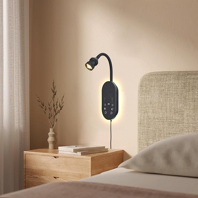 Wall Reading Light, LED Book Lights for Reading at Night, Wall Lamp with 3 Color Temperature & Timers, Adjustable Gooseneck Headboard Plug in Wall Sconce with USB C+A Ports