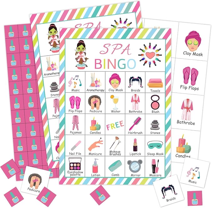 Spa Party Bingo Cards, 24 Player Beauty Themed Party Bingo Game for Family Adult, Sleepover Party Favor, Large Group Party Celebration Activity -03