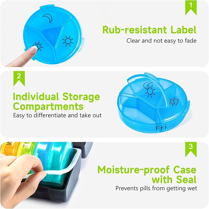 Weekly Pill Organizer Medicine Container, Round Pills Cases Organizers 7 Day 3 Times A Day with Large Compartments, BPA Free Medication Separator Storage to Hold Vitamin, Fish Oils, Supplement