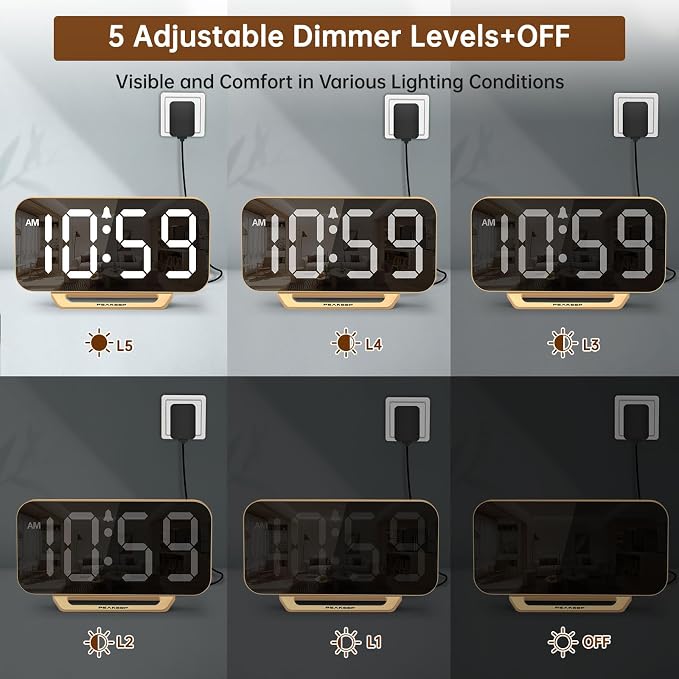 Peakeep Slim Digital Mirror Aesthetic Alarm Clock for Bedrooms Desk Decor - Plug in Electric Big LED Modern Small Clock for Office Living Room, Battery Backup, 6 Dimmers (Gold)