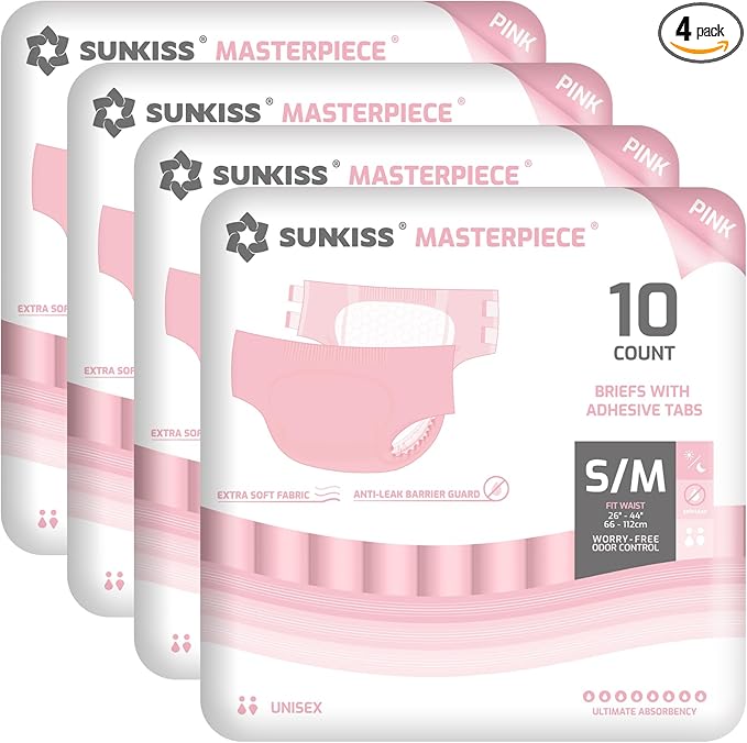 SUNKISS Masterpiece Adult Diapers with Tabs, Unisex Disposable Incontinence Briefs for Women and Men, Odor Control, Pink, Small/Medium, Previously M, 40 Count (4 Packs of 10)