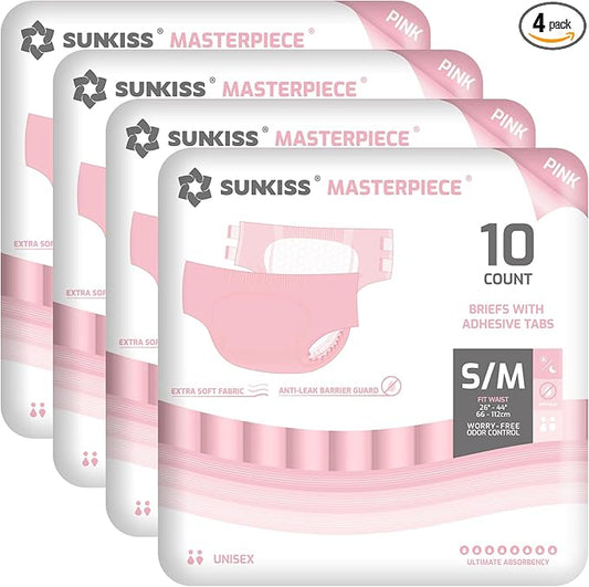 SUNKISS Masterpiece Adult Diapers with Tabs, Unisex Disposable Incontinence Briefs for Women and Men, Odor Control, Pink, Small/Medium, Previously M, 40 Count (4 Packs of 10)