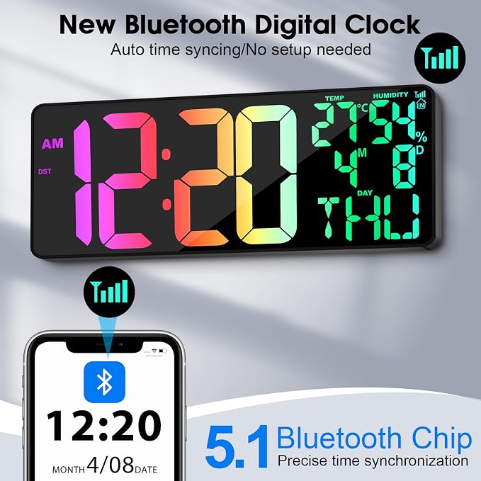 11 RGB Color Changes Large Digital Wall Clock/Bluetooth Auto Time Sync, Remote-Controlled Digital Wall Clock Large Display with Alarm/Timer Function, DST, Indoor Temperature/Humidity Display (18 inch)