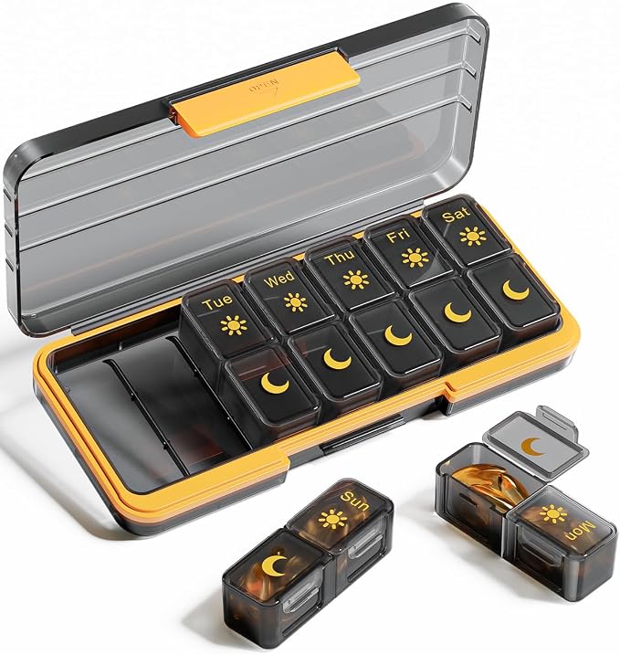 Betife AM PM Pill Organizer 7 Day, Weekly Pill Organizer 2 Times a Day, Daily Pill Box AM PM, Portable Travel Medicine Case, Day and Night Pill Container for Medication, Vitamin or Supplement（BG）