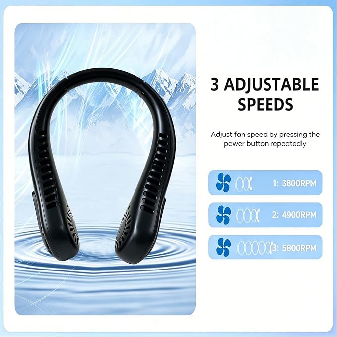 Portable Neck Fan,Rechargeable Personal Fan with 3 Speeds for Summer | Adjustable Width Neckfan, Birthday Gifts for Men Women Mom Dad, Hands Free Cooling Fan(Black)