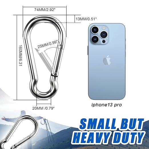 Large Carabiner Clip Hooks, 1pc 6.2 inch Carabiners Heavy Duty, 304 Stainless Steel Spring Snap Hook Fits Camping Hanging Hiking Weight Lifting, Metal Clips for Rope or Chain