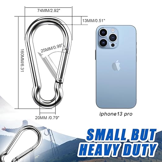Large Carabiner Clip Hooks, 2pcs 6.2 inch Carabiners Heavy Duty, 304 Stainless Steel Spring Snap Hook Fits Camping Hanging Hiking Weight Lifting, Metal Clips for Rope or Chain