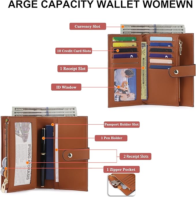 Wallet Women RFID Blocking Multi Cards Wallet Credit Card Holder for Women Large Capacity Lady Leather Trifold Travel Wallet with Passport/Pen Holder