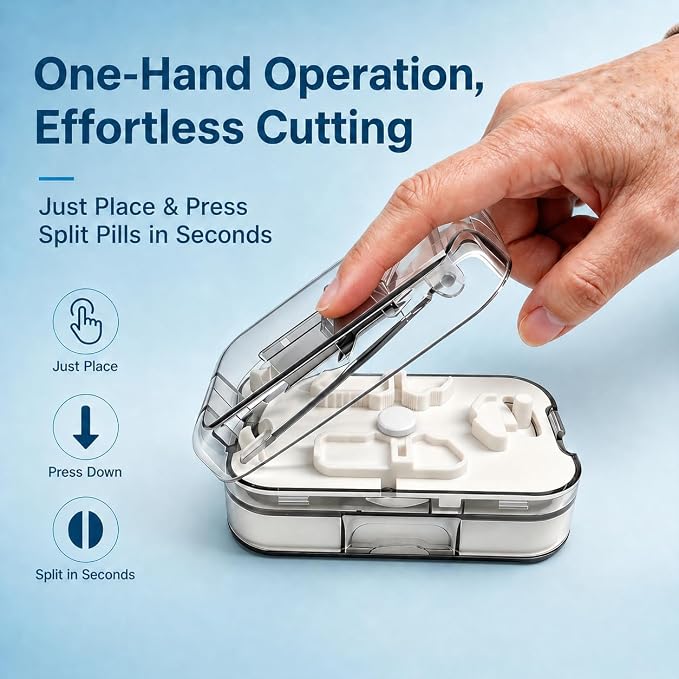 Pill Cutter Splitter for Small Tiny Large Pills at Once with Accurate and Professional Sharp Blade but Safe, Cuts 1/2, 1//3, 1/4 One-Hand Operation Portable Tablet Cutter, BPA Free (White)