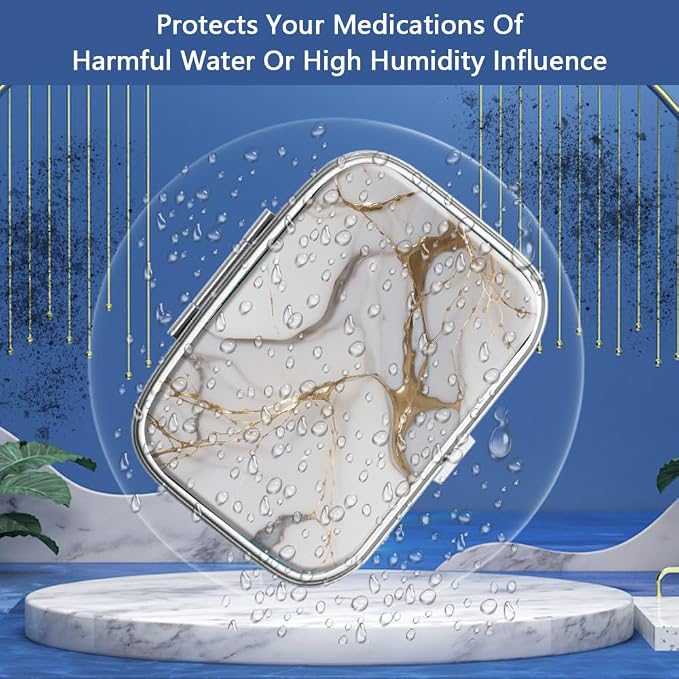 Pill Box 2 Compartment Small Pill Case,Portable for Pocket or Purse Pill Organizer Pill Container Holder to Hold Vitamins, Medication, Fish Oil and Supplements(Gray Marbling Gold)