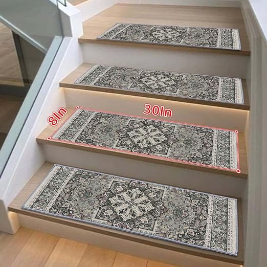 8”x 30” Carpet Stair, Anti-Slip Carpet Treads for Wooden Steps, Self-Adhesive Decorative Stair Runners, Slip-Resistant Treads for Indoor Wooden Staircases (4, Grey, 8X30 inch)