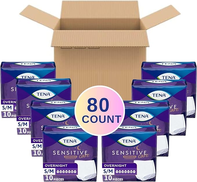 Tena Sensitive Care Overnight Incontinence Underwear for Women, Bladder Control and Postpartum, Small/Medium, 80 Count (Waist Size: 25in-35in)