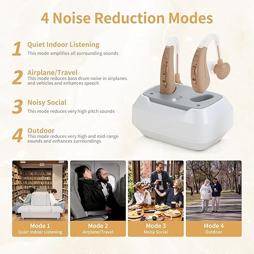 Hearing Aids For Seniors - Rechargeable Hearing Amplifier For Seniors Noise Reduction,4 Modes,Adjustable Volume, Comfort Design and Nearly Invisible,Behind The Ear,With Charging case（Khaki）