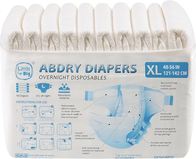 Littleforbig Adult Diaper 10 Pieces - ABDry White Diapers (X-Large 48"-56")