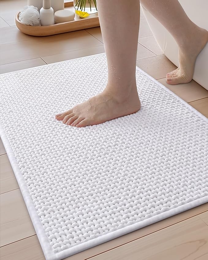 Color&Geometry Chenille Pile Small Bathroom Rugs Upgraded Denser, 16"x24" Non Slip Absorbent White Bath Mats for Bathroom Thin Fit Under Door, Washable Quick Dry