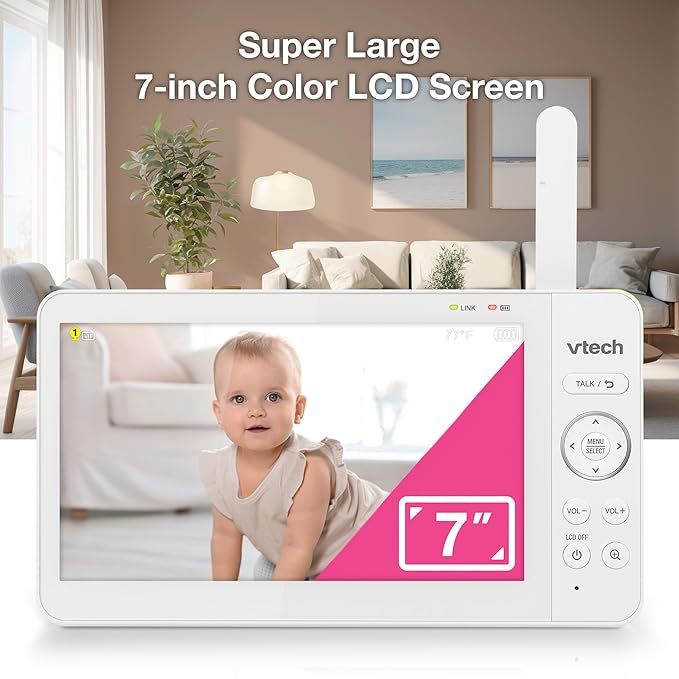 VTech Video Baby Monitor with 7" Color LCD Screen, Rechargeable Battery, Video Streaming, Audio Streaming, Pan-Tilt-Zoom, Touch Multi-Color Night Light, Two-Way Talk, Long Range: Advanced Max Tan