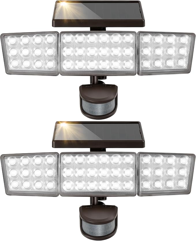 Solar Lights Outdoor, 3500LM 168 LED Motion Sensor Solar Flood Lights, 3 Heads 300° Wide Angle, 3 Modes IP65 Waterproof Solar Security Lights for Yard Garden Patio, 2 Pack (Brown)