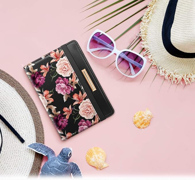 Coco Rossi Passport Holder Cover RFID Cute Slim Travel Wallet Women | Travel Essentials, Passport Book Holders, Passport Cover Case, PU Leather, Thin Card Holder, Spliced Design, Black Flower