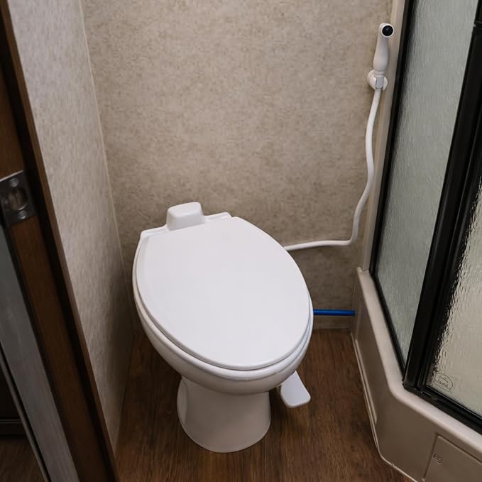 SEAFLO Porcelain RV Toilet with Sprayer Attachment - Elongated Bowl 19” Inch Residential Height, Gravity Flush, Foot Pedal Soft Close Seat Camper Motorhome Easy Install 4 -year Warranty SFRTCH-02-02