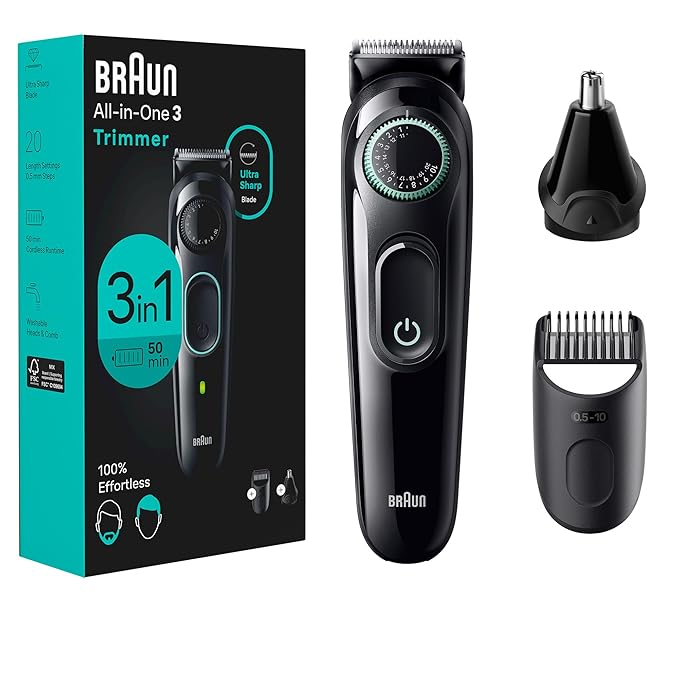 Braun All-in-One Style Kit Series 3 3430, 3-in-1 Trimmer for Men with Beard Trimmer, Ear & Nose Trimmer, Hair Clippers, Ultra-Sharp Blade, 20 Length Settings, Washable