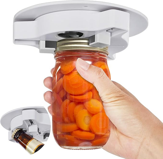Jar Opener Bottle Opener for Seniors with Arthritis - Under Cabinet Jar Opener for Weak Hands, Rotary Lid Opener, Easy Twist-Off Lids for Jars & Bottles, Original Kitchen Gadgets (White)