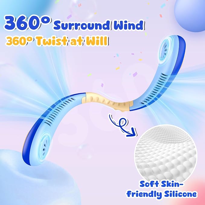 Kids Portable Neck Fan, Bladeless Fan for Kids, Safe Kids Rechargeable Cooling Fan for 4-14Y Boys Girls, 2600mAh Personal Fans for Your Neck, 4 Speeds & Lightweight, Summer Essentials Gifts for Kids