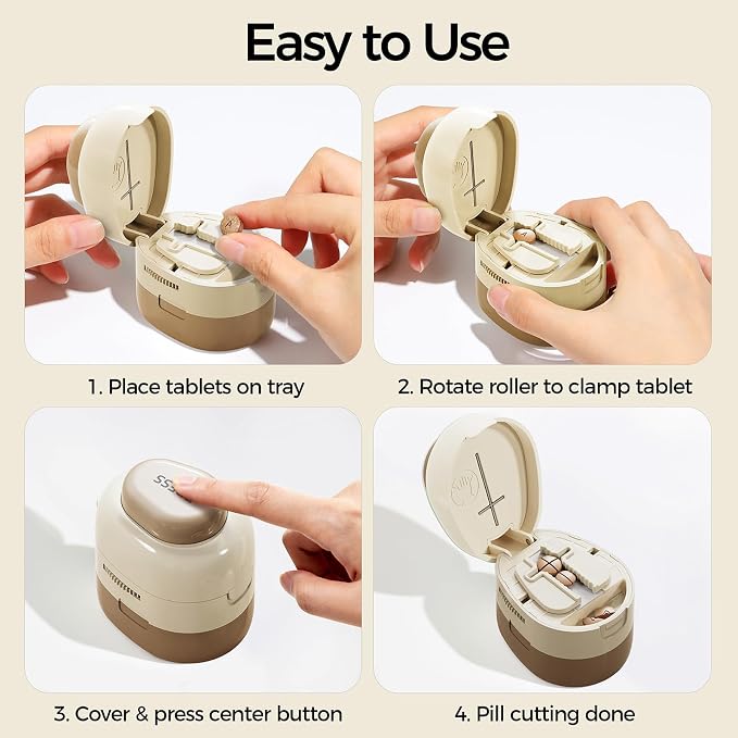 Adjustable Pill Cutter Splitter for Small and Tiny Pills, 1/2 1/4 Pill Splitter for Small Pills Vitamins Tablets, Accurate Alignment & Easy Cutting, Hidden Sharp Blade, Bottom Storage (Brown)