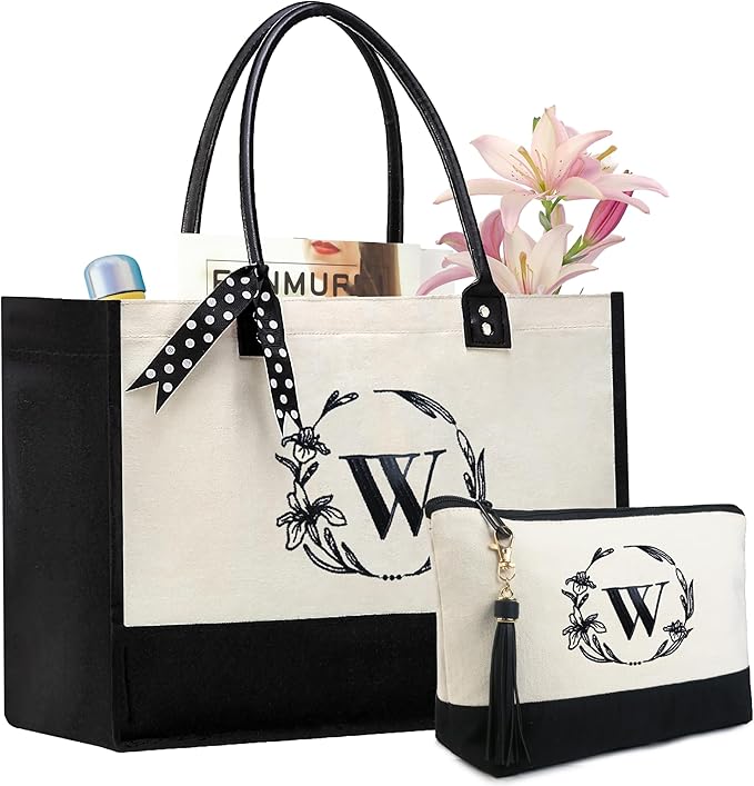 BeeGreen Initial Canvas Tote Bags Personalized Birthday Christmas Gifts for Women Friends Mother Embroidery Monogram Bags with Leather Handle W