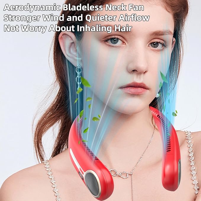 Portable Neck Fan, Personal Wearable Bladeless Fan, 6000mAh USB Rechargeable, 360° Airflow, LED Display, 4-Speeds, Hands Free Fan for Outdoor Indoor, Birthday Gifts for Men Women Dad Mom (Red)
