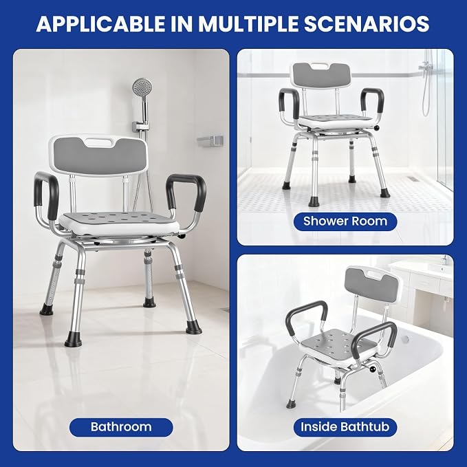 Deluxe Swivel Shower Chair with Arms & Back by CZMY, 360° Locking Seat, 5-Level Height Adjustable, Padded Heavy-Duty Bath Chair, 300 lbs, for Seniors, Elderly, Handicap & Disabled