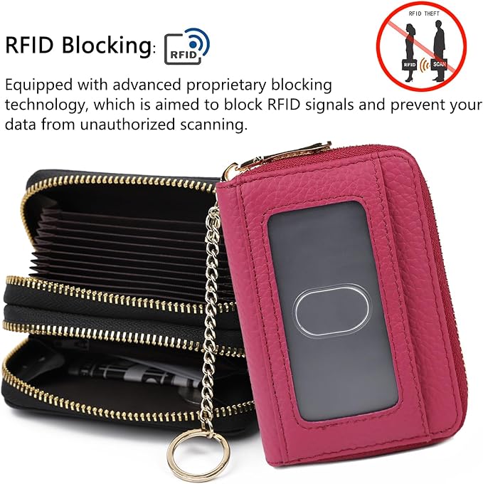 imeetu RFID Credit Card Holder, Small Card Wallet Women, Leather Card Case | Genuine Leather Women's Card & id Cases, Change Coin Purse with Zipper Keychain id Window, 20 Colors & 3 Styles, Daily, Gifts