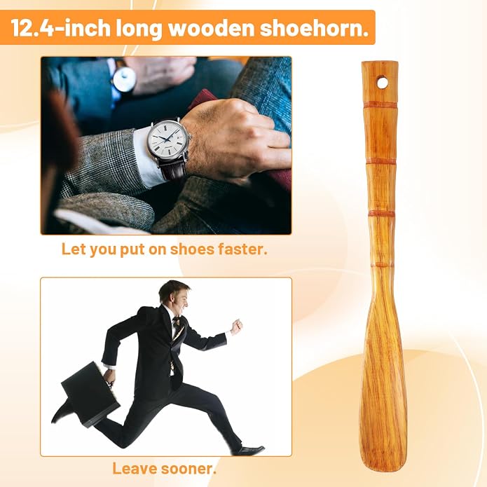 12.4inch Long Handle Wooden Shoe Horn | Wooden Shoe Spoon for Easy Wear, Shoes Helper for Seniors Pregnancy Men Women