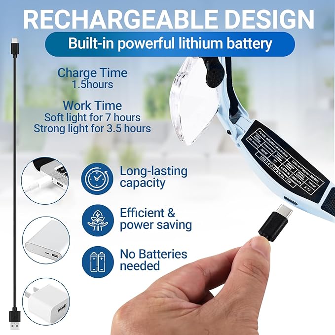 YOCTOSUN Magnifying Glasses for Close Work with 3 LED Lights, Storage Case, Head Strap and 5 Detachable Lenses 0.75X,1.25X,2.0X,3.0X 4.0X, Headset Magnifier for Jewelry, Hobby & Crafts