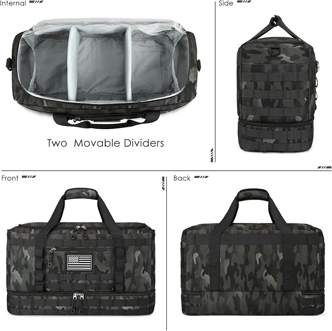 Gym Bag for Men Women, Carry on Luggage 22x14x9 Airline Approved Duffle Bag | Tactical Travel Bags with Toiletry Bag and Shoe Compartment, Weekender Overnight with Wet Pocket for Workout, Black Camo