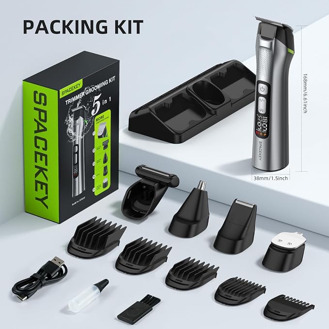 Beard Trimmer for Men, All in One Mens Grooming Kit, Stainless Steel Blade Cordless Hair Clippers, 150-Min Long Runtime, IPX7 Waterproof, 3 Speeds Adjustable Body Hair Trimmer for Nose, Ear, Face