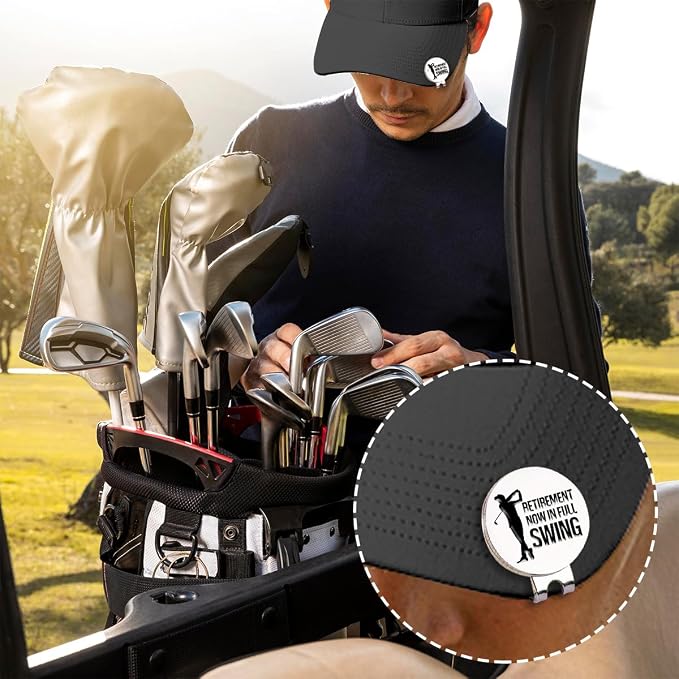 Hafhue Retirement Now in Full Swing Golf Ball Marker with Magnetic Hat Clip, Funny Golf Accessories and Golf Gift for Men Women Dad Grandma Grandpa, Birthday Retirement Gift for Golfer Golf Lover