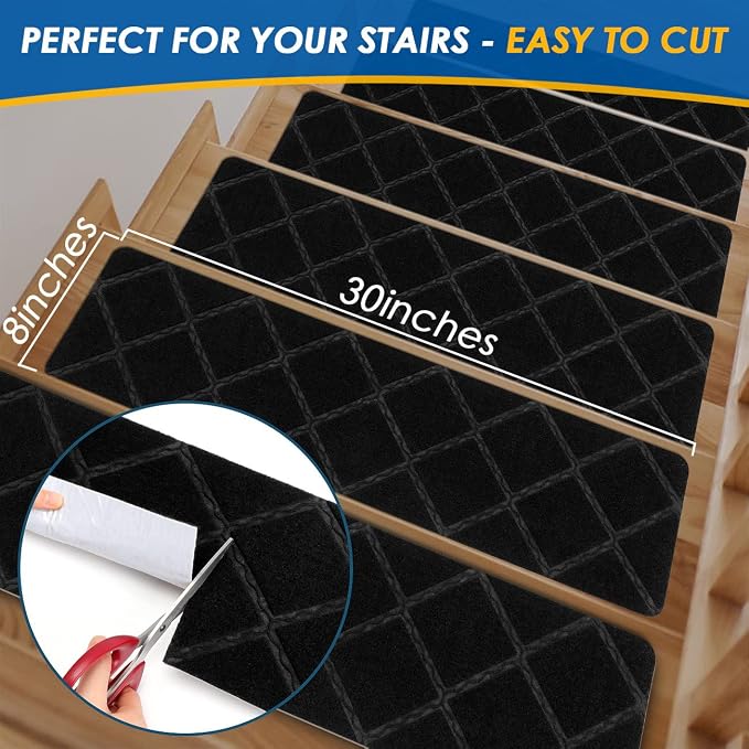 RIOLAND Stair Treads Carpet Non-Slip Indoor 15 PCS Wood Stair Treads Rugs Anti Moving Modern Stair Runners Safety for Kids Dogs, 8" X 30", Diamond Black