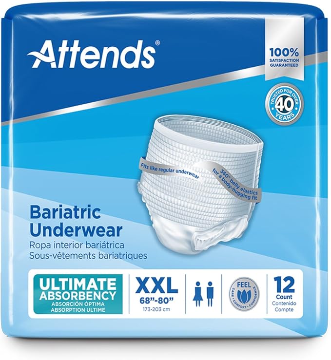 Attends Bariatric Adult Incontinence Underwear, 2X-Large (68–80”), [48 Count] – Ultimate Absorbency for Men and Women, Disposable Pull-On Diapers with Tear-Away Sides, AU50