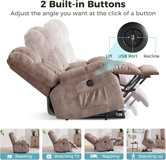 Power Lift Recliner Chair for Elderly, Heavy Duty and Safety Motion Reclining Mechanism-Antiskid Fabric Sofa Living Room Chair with Overstuffed Design, Light Tan