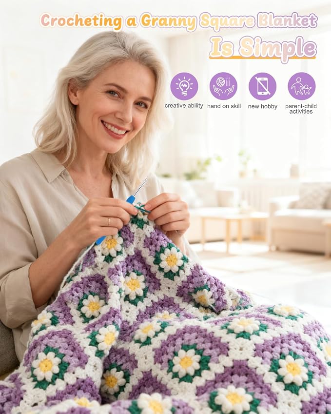 Coopay Crochet Blanket Kit for Beginners, Easy 3D Granny Square Blanket Kit | Crochet Kit W/Video Tutorial & Digital Instructions, All Accessories Included, Easy Knitting to Create Granny Square Blanket