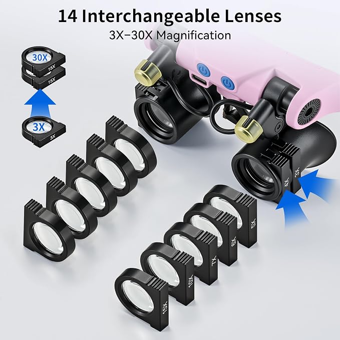 JARLINK Magnifying Glasses with LED Light, Hands Free Magnifier with 14 Interchangeable Lenses 3X 4X 5X 6X 7X 10X 15X, Magnifying Glasses for Close Work, Crafts, Jewelry, Electronics Repair (Pink)