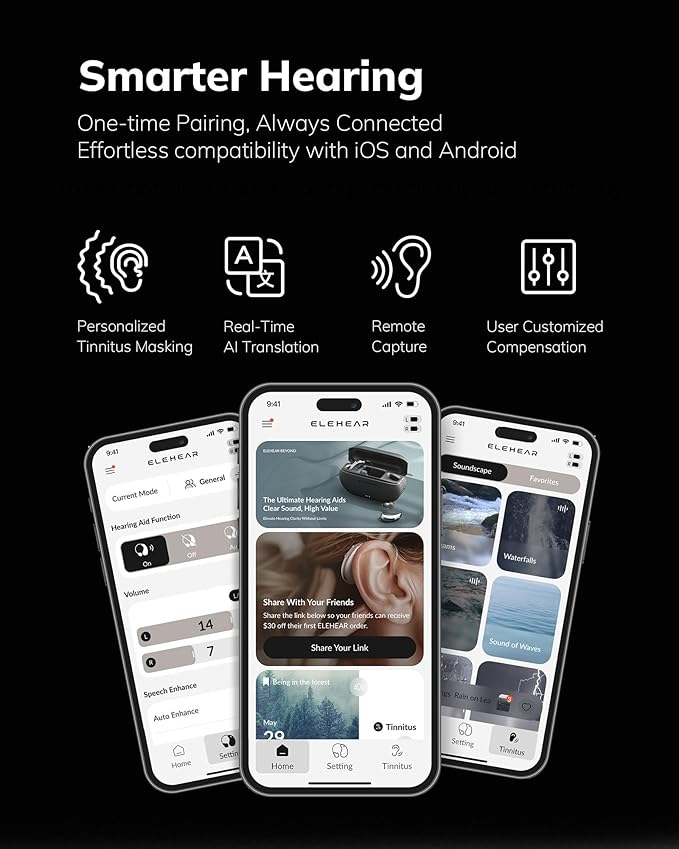 ELEHEAR-Beyond OTC Rechargeable Hearing Aids for Seniors and Adults with Bluetooth Enabled & App Control, AI Noise Cancelling for Tinnitus Relief