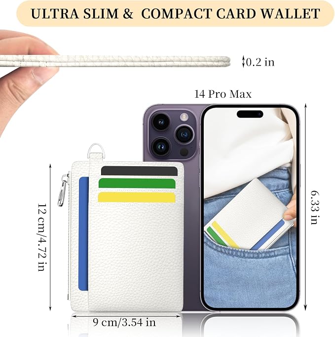 Hancynir White Minimalist Small Wallet Women Credit Card Holder RFID Slim | Zipper Pocket Wallet, Thin Travel Coin Purse, Ladies Women Mens Gifts, Cute Card Case, 6 Card Slots, ID Window, PU Leather
