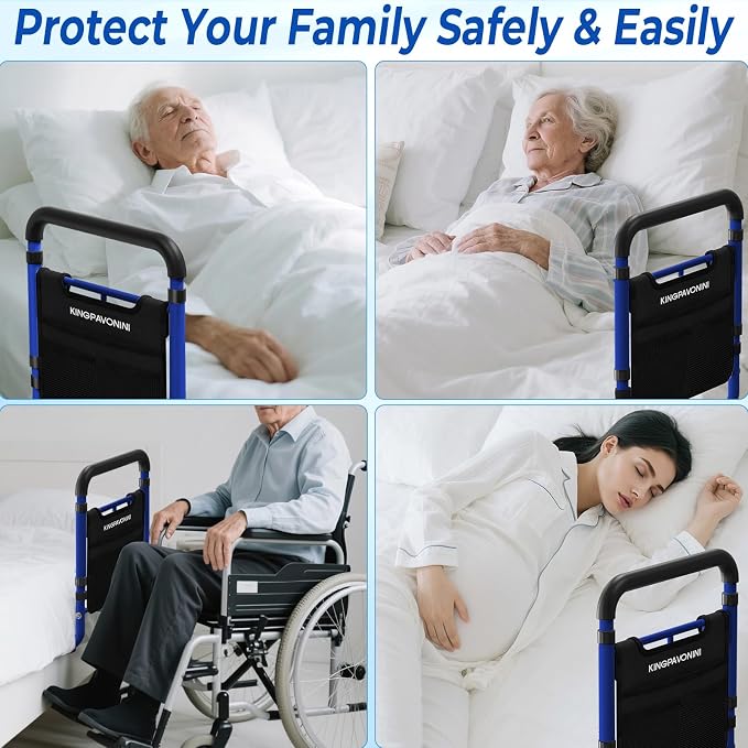 KingPavonini Bed Rails for Elderly Adults Safety, 380 LBS, Model BM03-1 | ASTM Approved, 2026 Upgraded Adjustable Bed Cane, Non-Slip Ergonomic Handle & Storage Bag, Tool-Free Bed Railings for Seniors