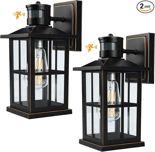 2 Pack Outdoor Motion Sensor Porch Light, Black Exterior Wall Lantern Lighting Fixtures,Dusk to Dawn Outdoor Wall Lights, Waterproof Front Porch Light Outside for Garage, Patio,House.