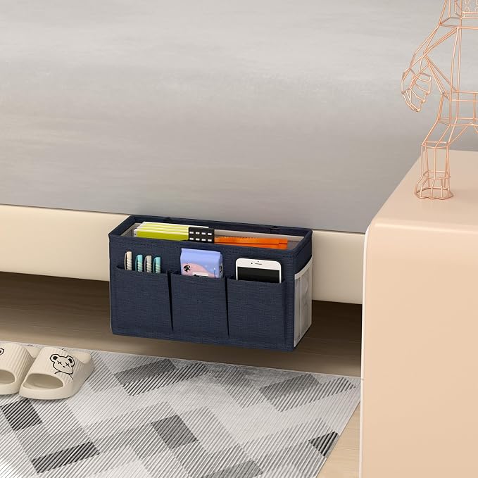 Bedside Caddy Storage Organizer for Bed Rails, Bed Caddy with 6 Pockets | Bedside Organizer with Fixed Straps and Hooks, Mattress Supported Versatile for Home, Dorm, Bunk, Hospital and Crib Bed