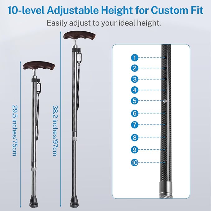 SILAIDESI Adjustable Carbon Fiber Walking Cane with Wooden Handle - Lightweight Mobility Aid for Men & Women, Ideal for Seniors and Injury Recovery (Black)